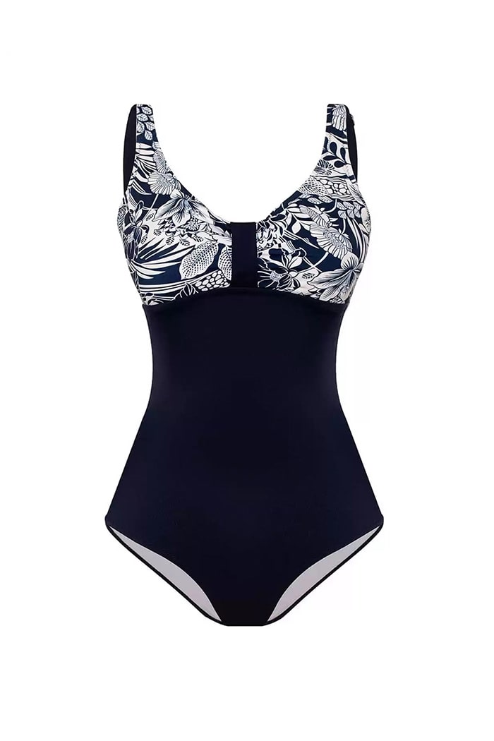 Lacivert Beyaz Çiçek Desenli Mayo