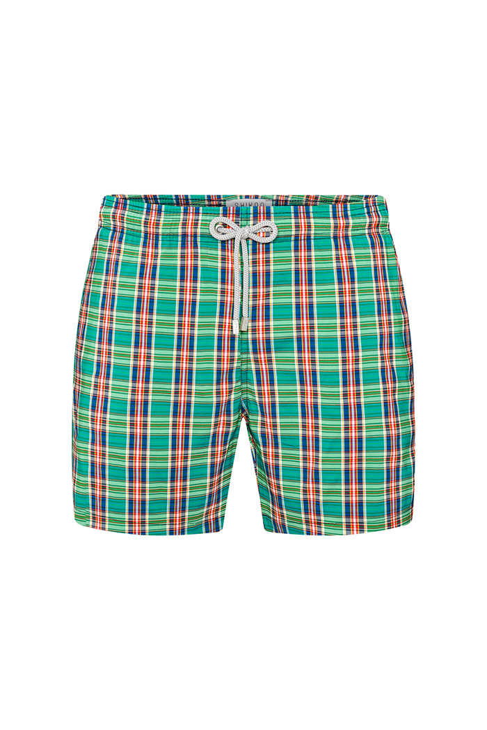 Yeşil Lacivert Kareli Bağcıklı Şort Mayo