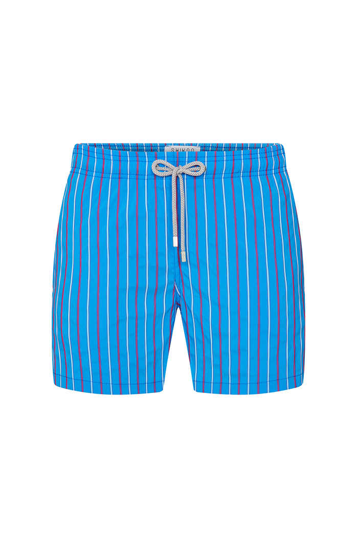 Mavi Kırmızı Çizgili Bağcıklı Şort Mayo