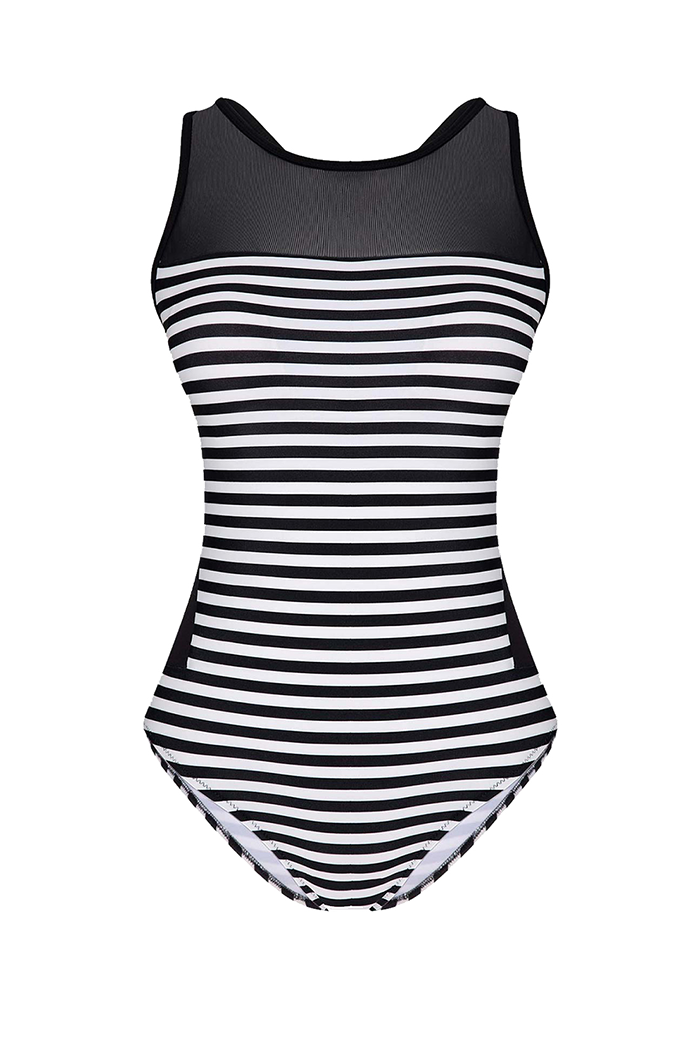 Siyah Beyaz Çizgili Tüllü Mayo