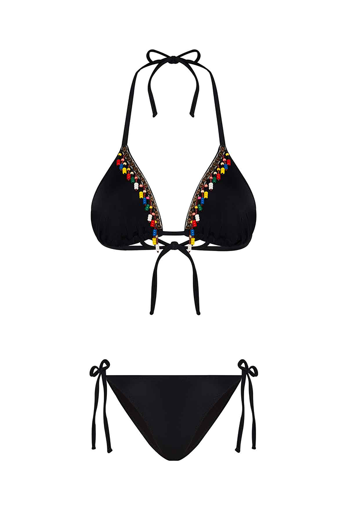 Boru Boncuk Aksesuarlı Siyah Üçgen Bikini