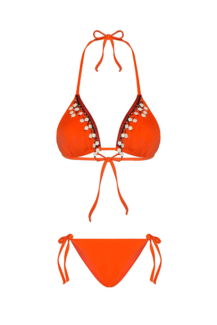 Boru Boncuk Aksesuarlı Turuncu Üçgen Bikini
