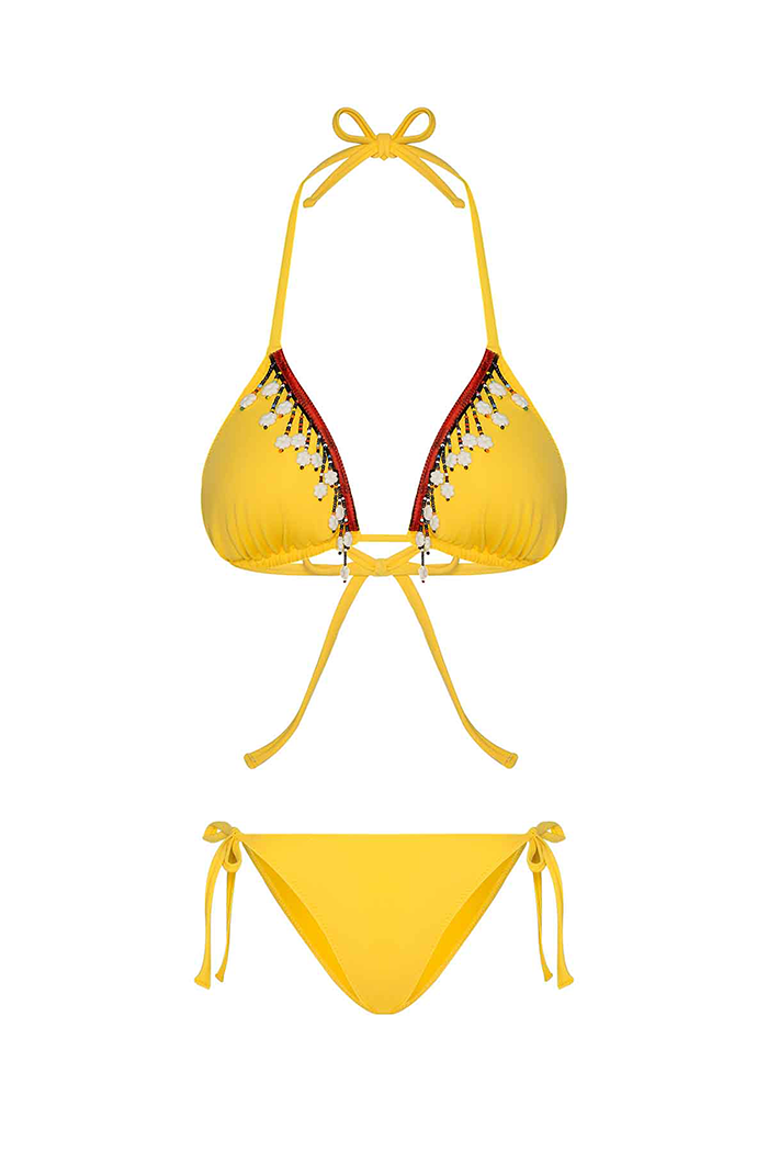 Boru Boncuk Aksesuarlı Sarı Üçgen Bikini
