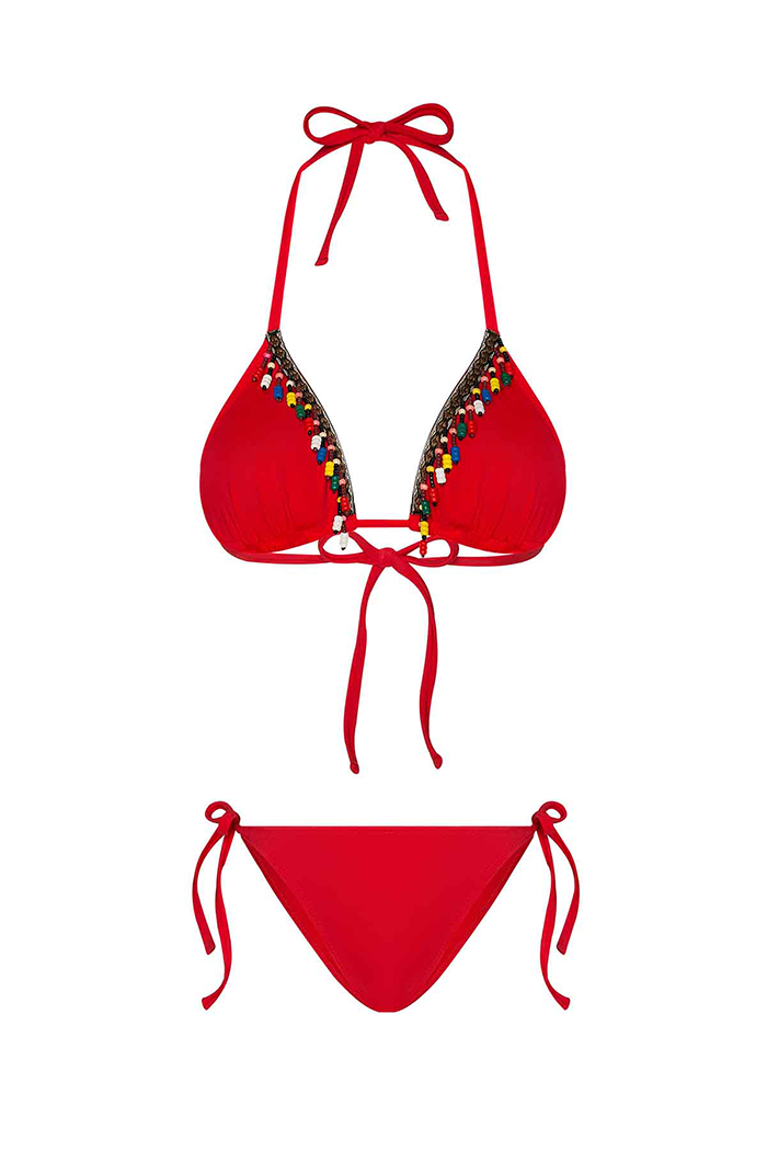 Boru Boncuk Aksesuarlı Kırmızı Üçgen Bikini Takımı