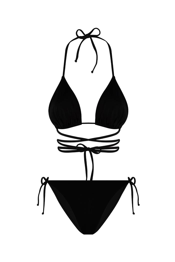 Siyah Belden Bağcıklı Üçgen Bikini Takımı
