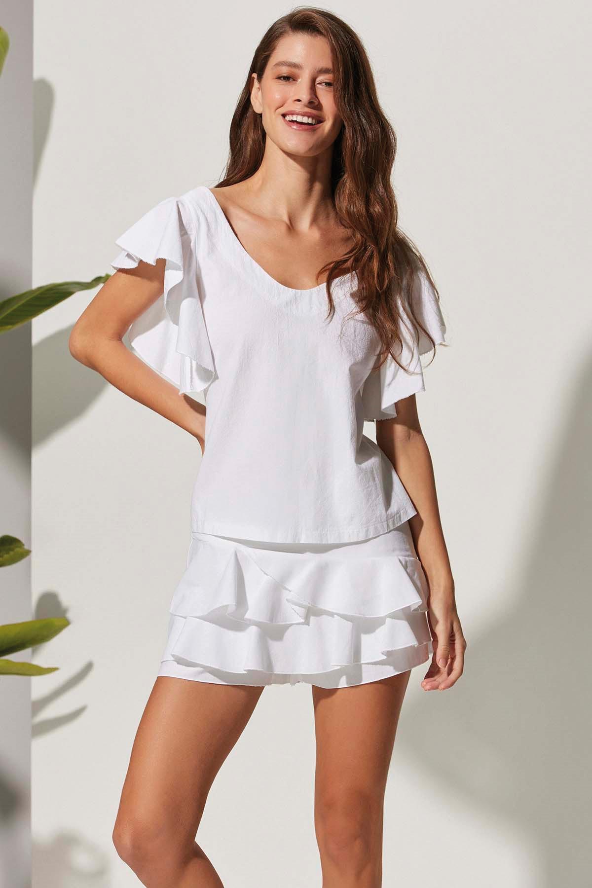 Volanlı Beyaz Kadın Şort Etek