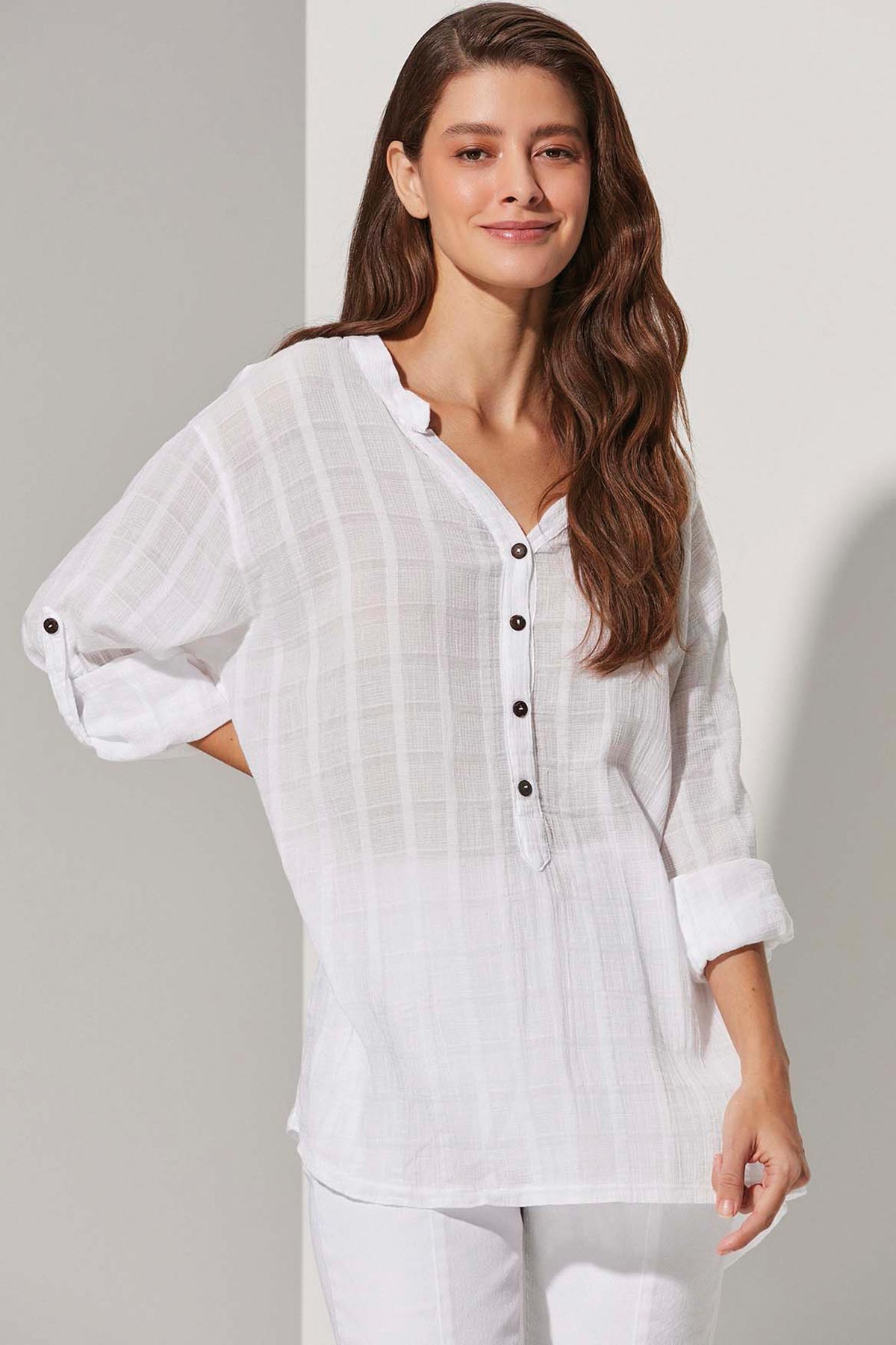 Hakim Yaka Uzun Pat Kadın Bluz