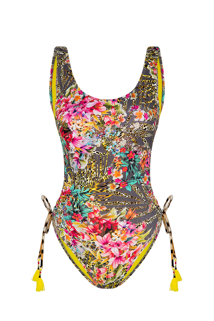 Çiçek Desenli Kahve Fuşya Bağcıklı Mayo