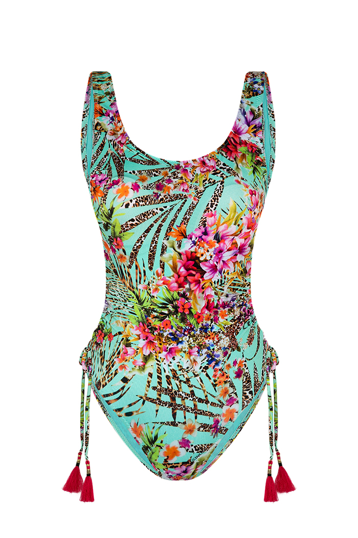 Çiçek Desenli Mint Fuşya Bağcıklı Mayo