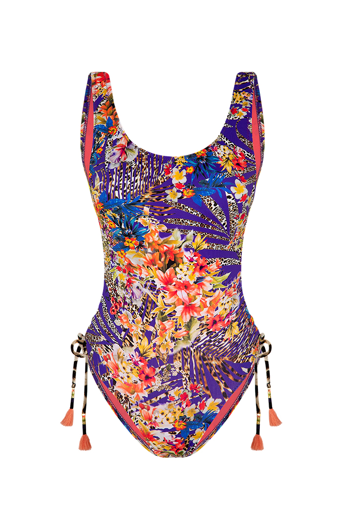 Çiçek Desenli Mor Fuşya Bağcıklı Mayo