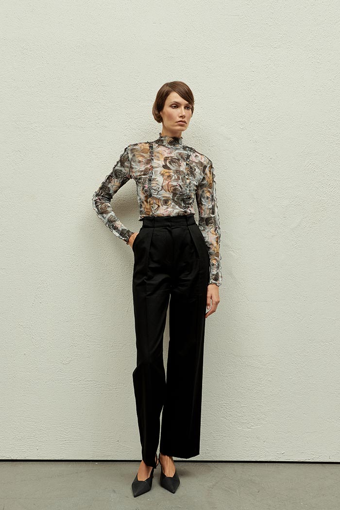  Waffle Baskılı Siyah File Bluz