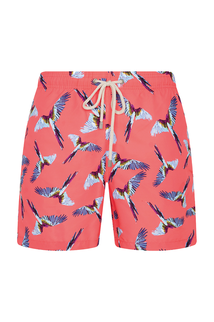 Pembe Kuş Desenli Bağcıklı Şort Mayo