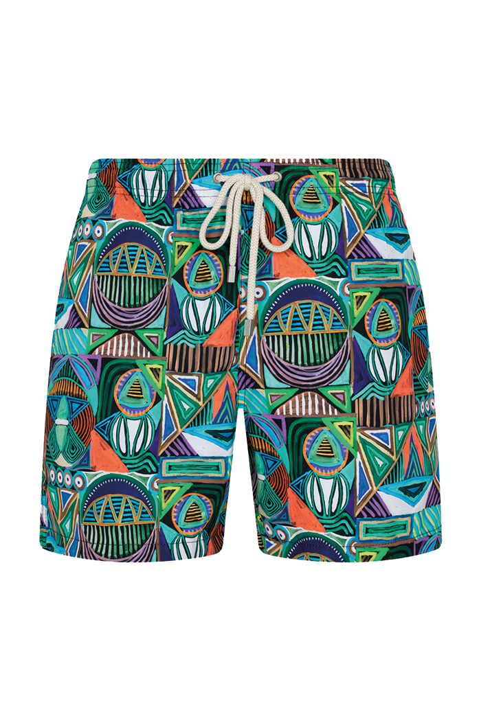 Mavi Geometrik Desenli Bağcıklı Şort Mayo