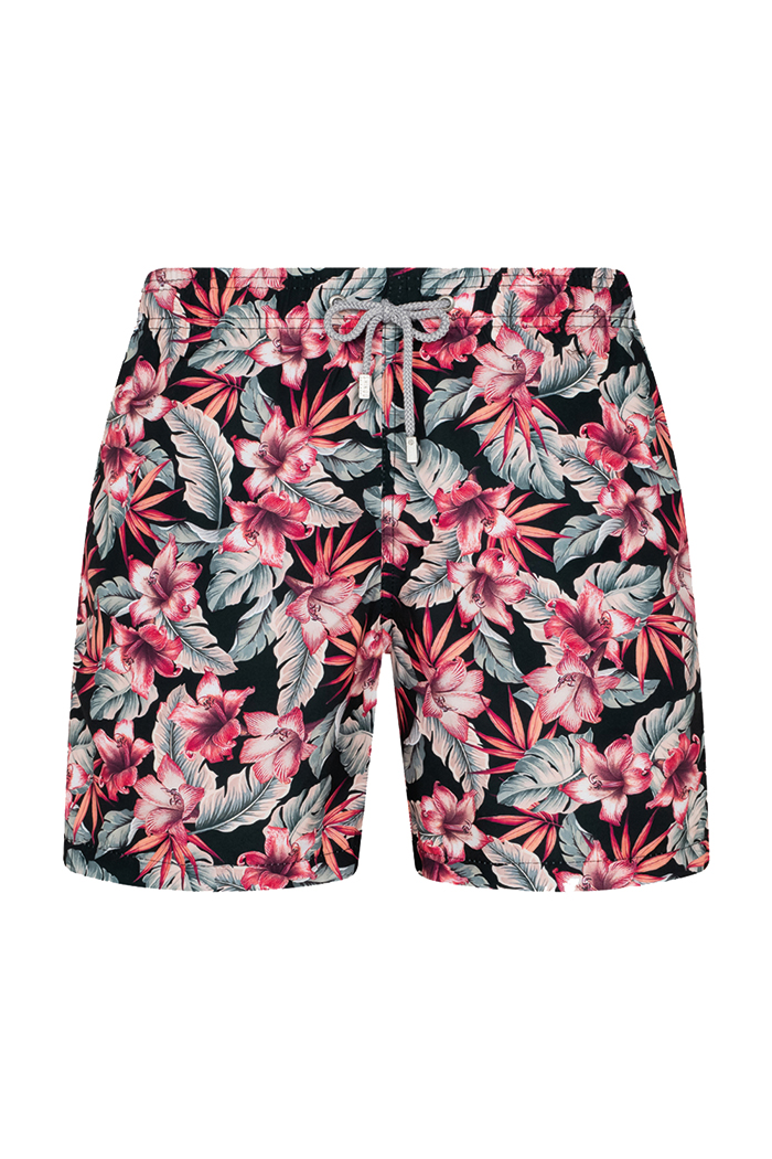 Siyah Pembe Çiçek Desenli Bağcıklı Şort Mayo