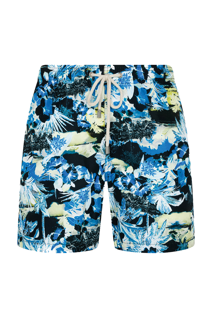Siyah Mavi Çiçek Desenli Bağcıklı Şort Mayo
