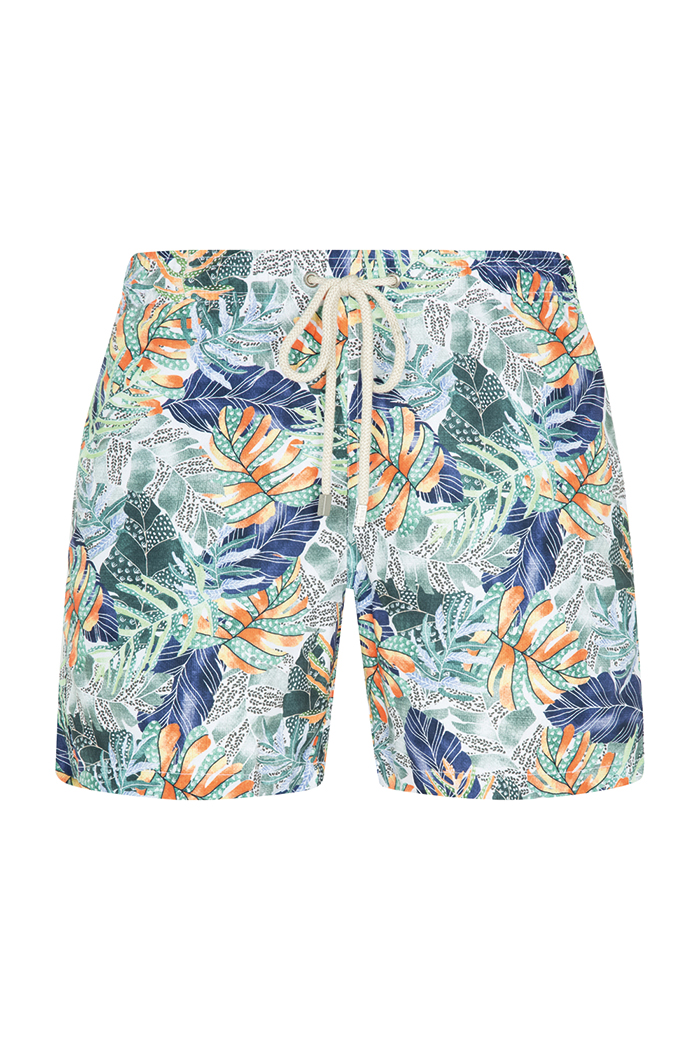 Yeşil Turuncu Yaprak Desenli Bağcıklı Şort Mayo