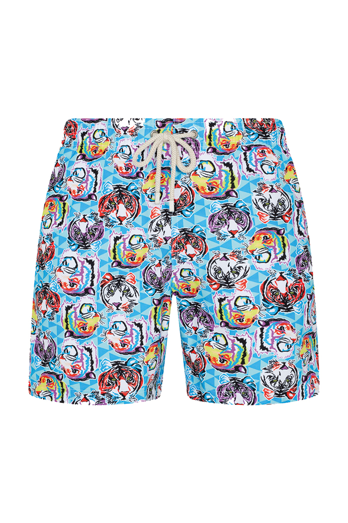 Renkli Kaplan Desenli Bağcıklı Şort Mayo