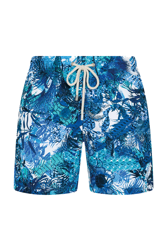 Mavi Beyaz Etnik Desenli Bağcıklı Şort Mayo