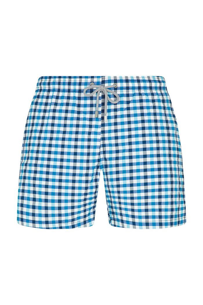 Mavi Kare Desenli Bağcıklı Şort Mayo