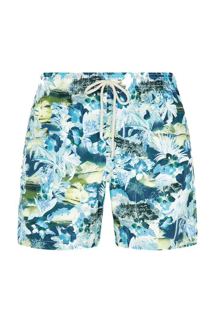 Mavi Çiçek Desenli Bağcıklı Şort Mayo