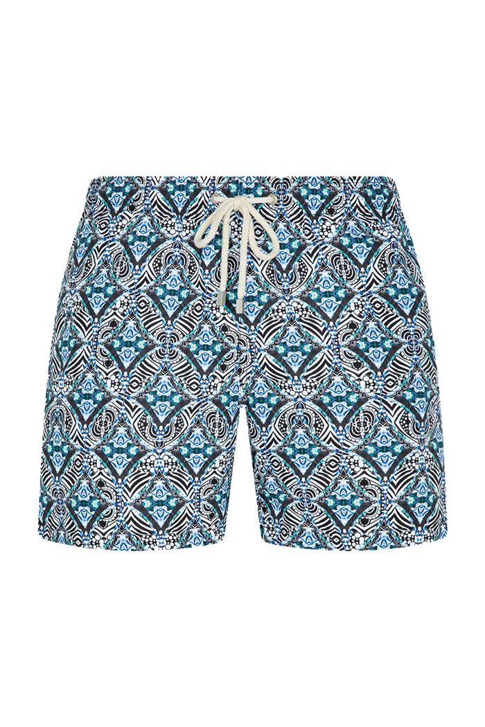 Mavi Etnik Desenli Bağcıklı Şort Mayo
