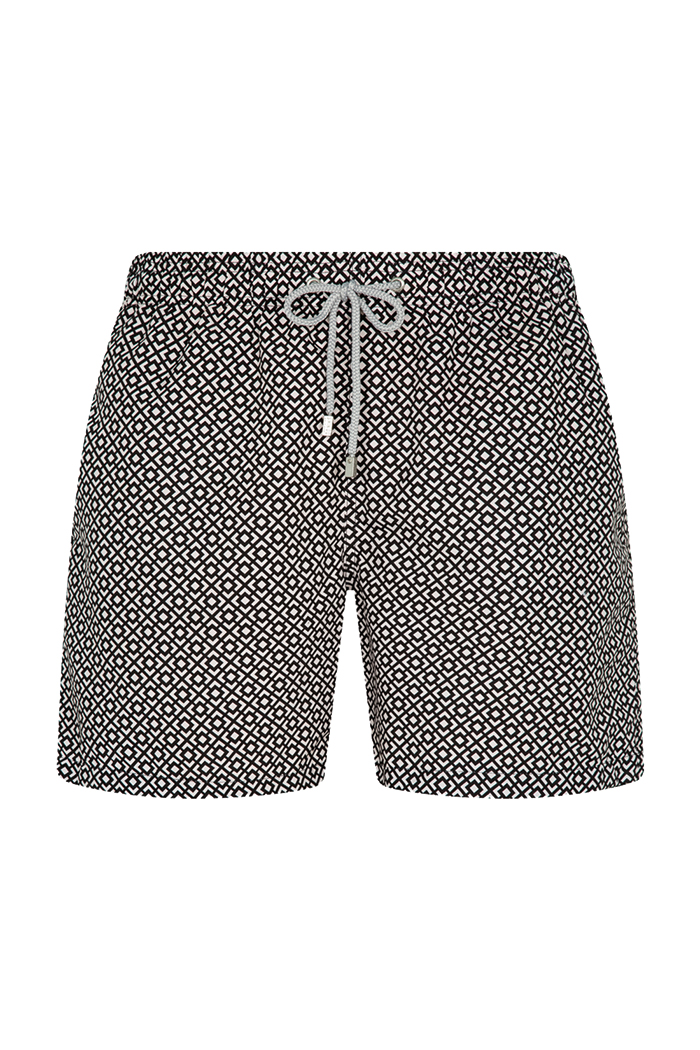 Siyah Beyaz Desenli Bağcıklı Şort Mayo