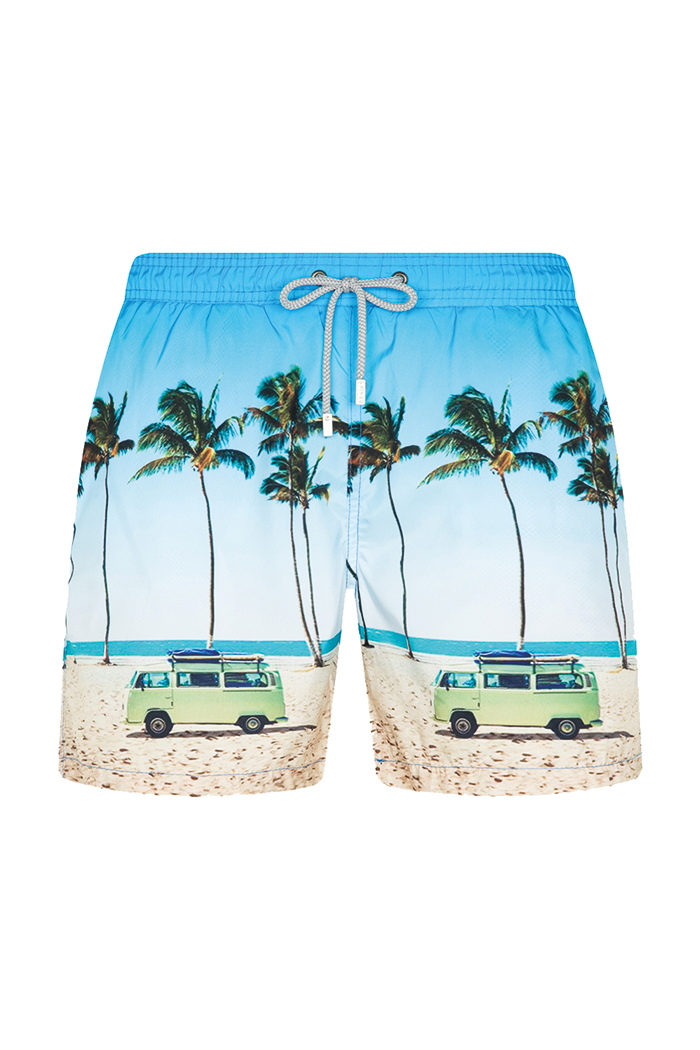 Mavi Palmiye Desenli Bağcıklı Şort Mayo