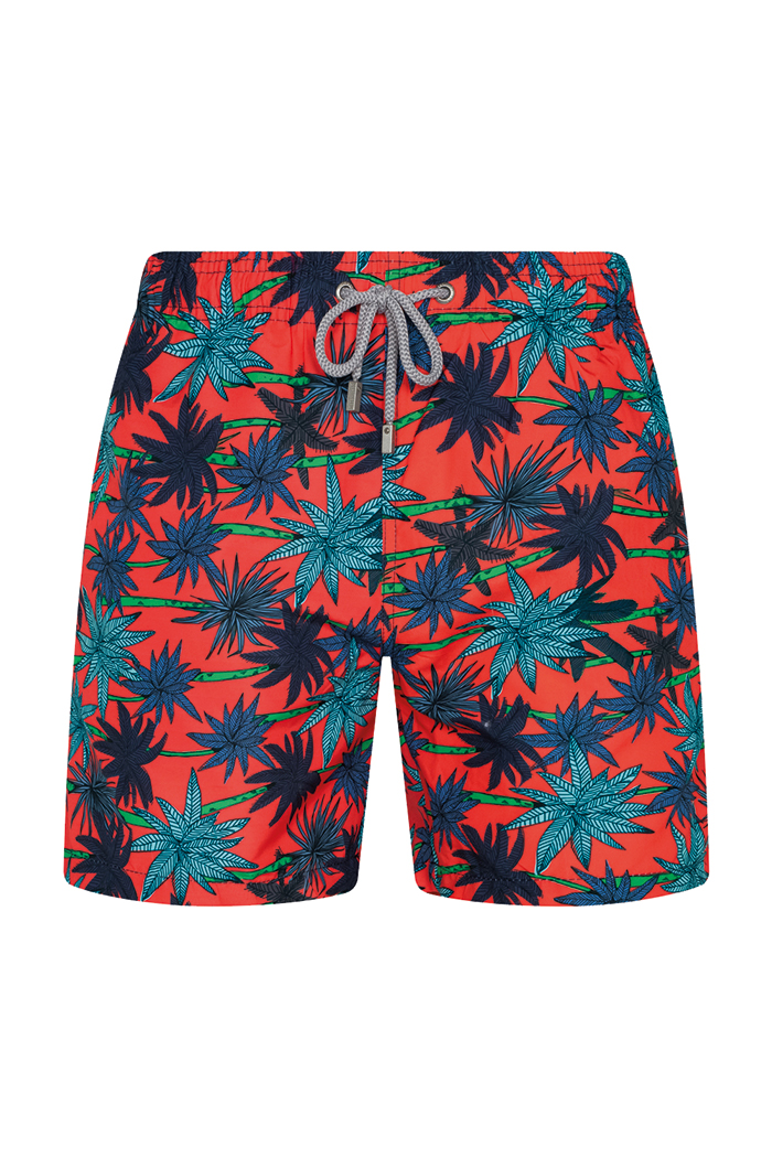 Turuncu Mavi Palmiye Desenli Bağcıklı Şort Mayo