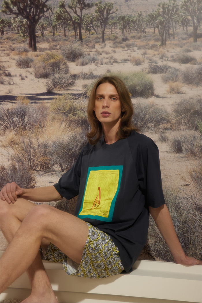 Sarı Siyah Çiçek Desenli Bağcıklı Şort Mayo