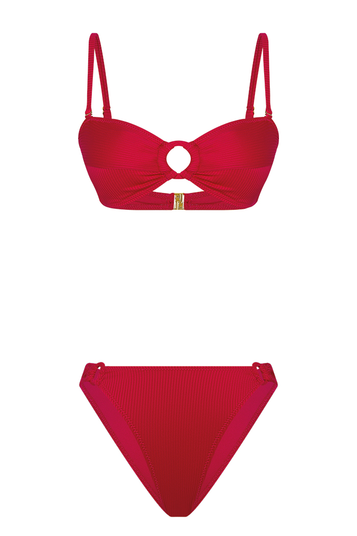 Halka Aksesuarlı Fuşya Straplez Bikini Takımı