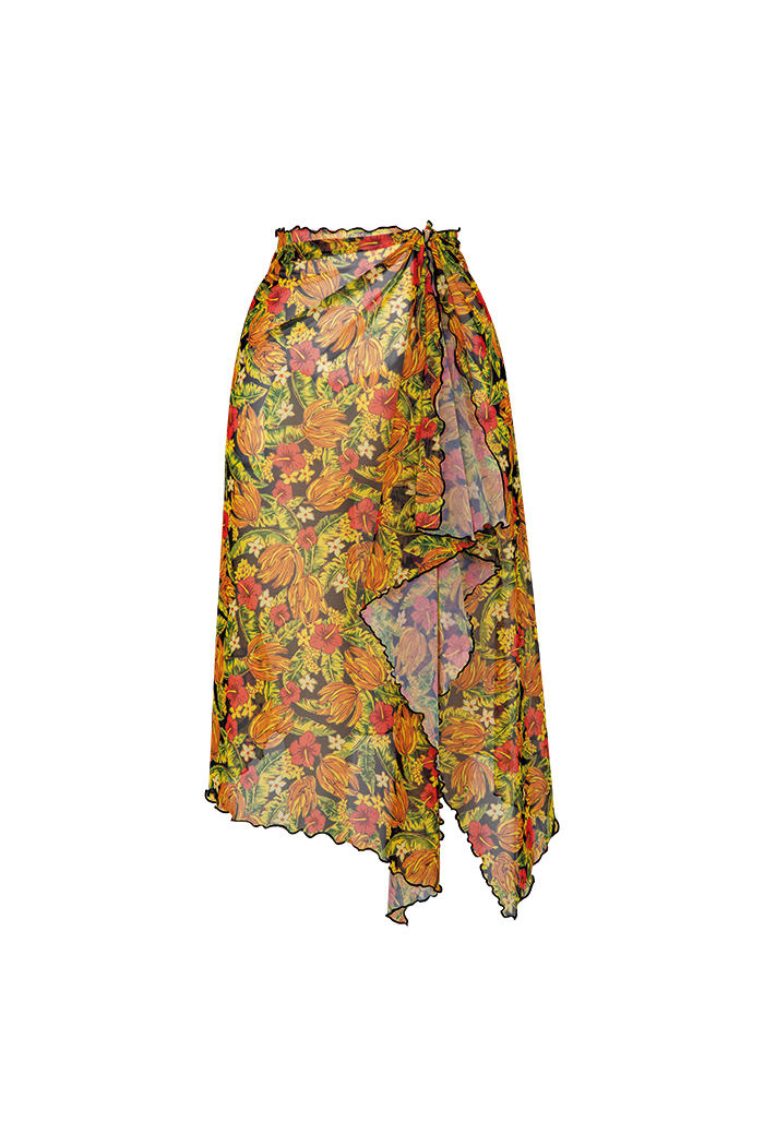 Turuncu Sarı Çiçek Desenli Kısa Pareo Etek