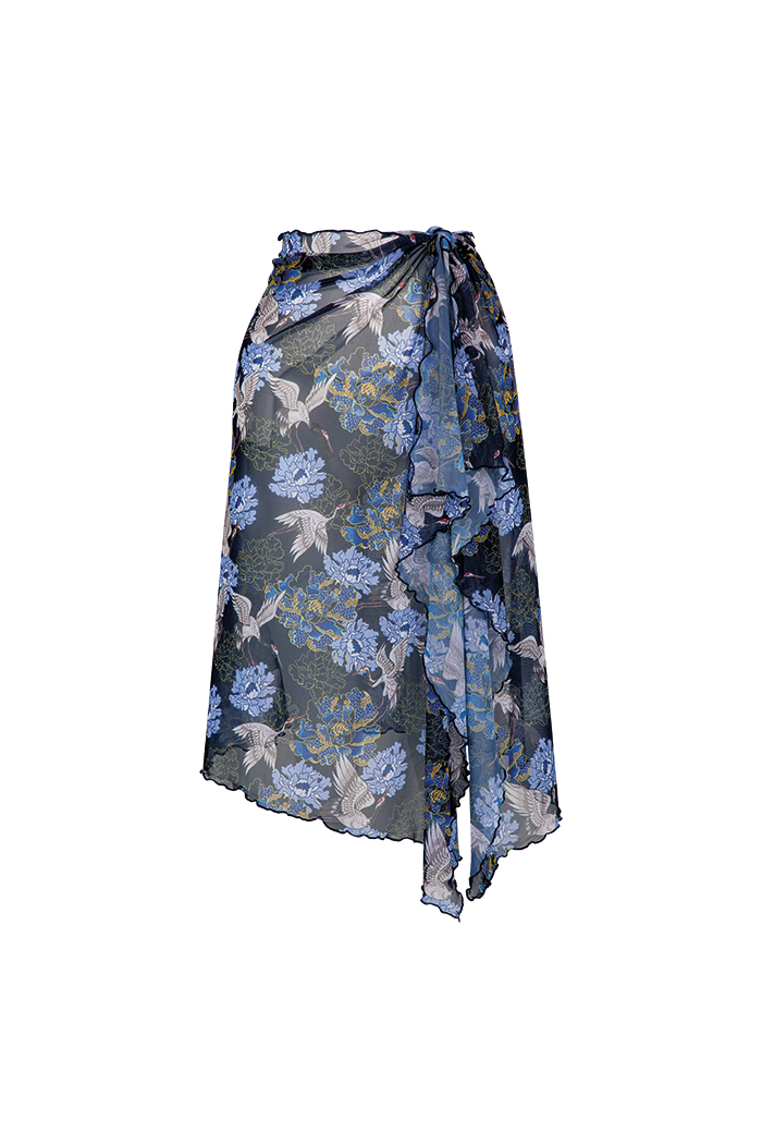 Lacivert Kuş Desenli Kısa Pareo Etek