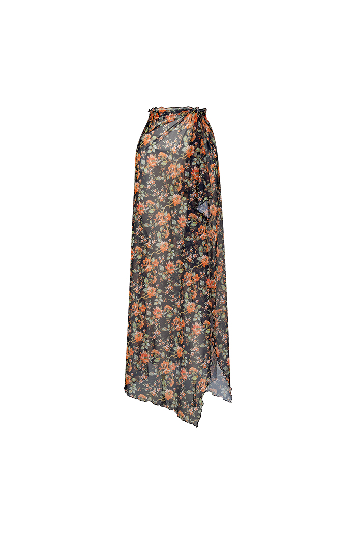 Turuncu Çiçek Desenli Uzun Pareo Etek