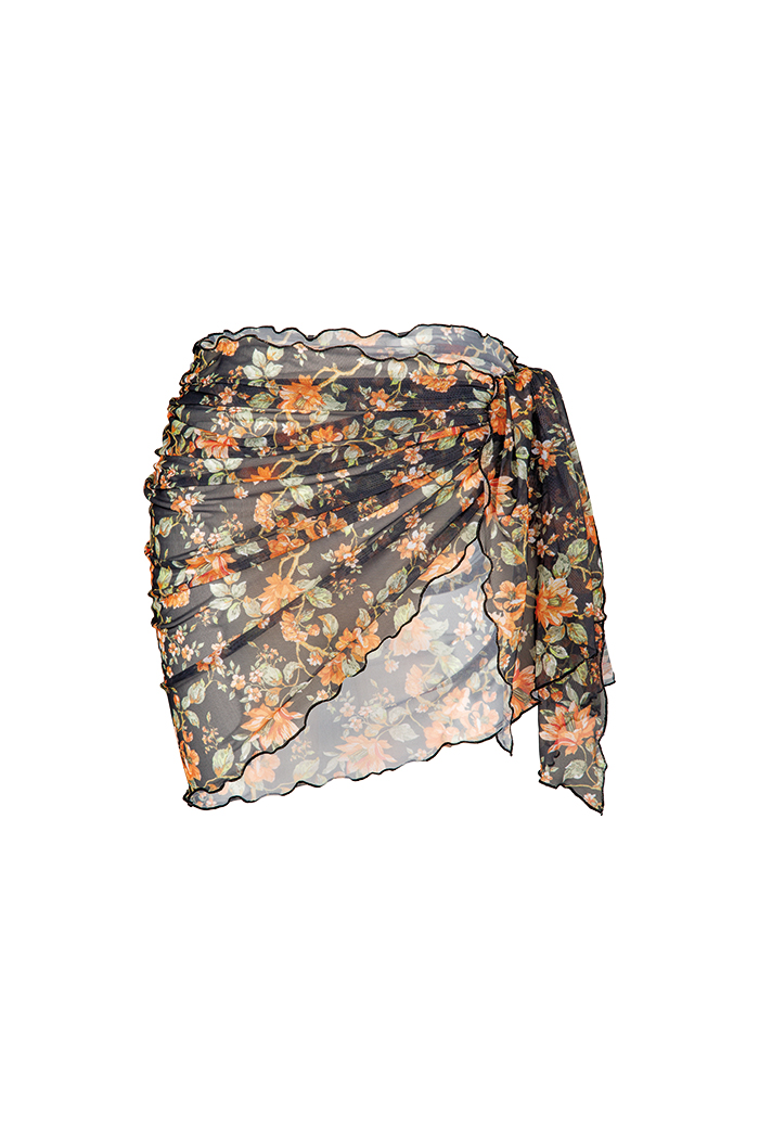 Turuncu Çiçek Desenli Pareo Etek