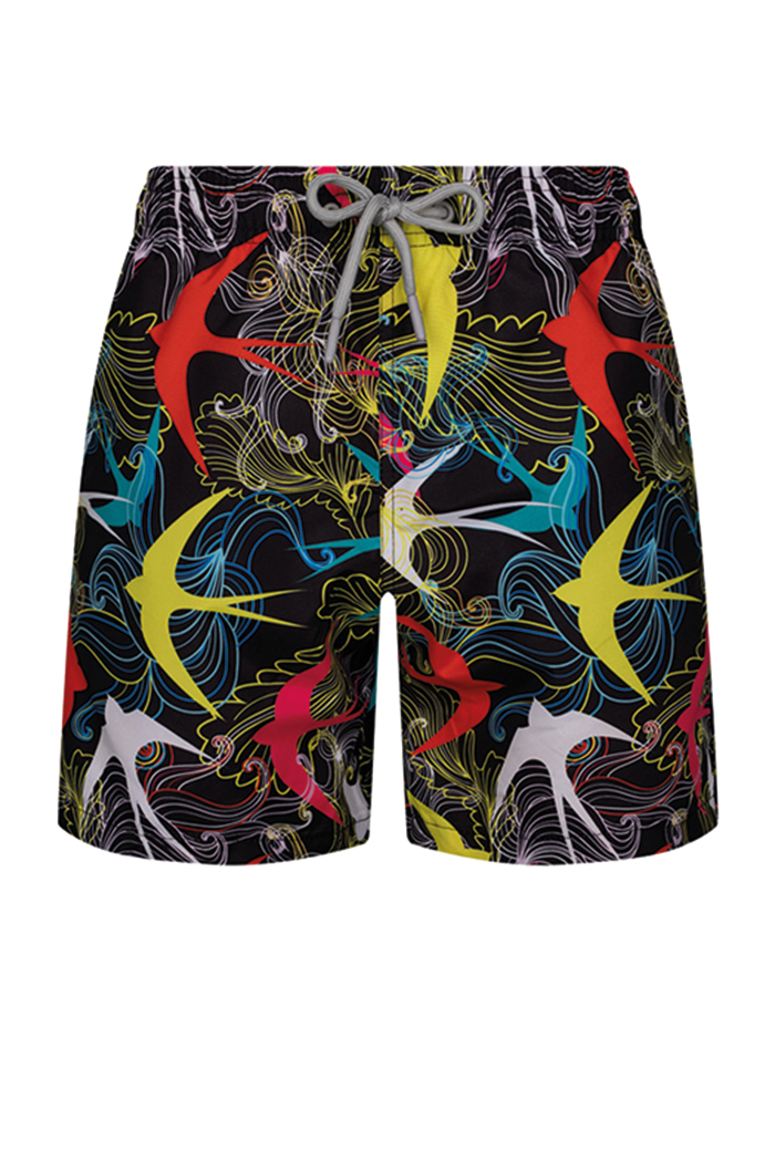 Siyah Çok Renkli Çizgi Desenli Şort Mayo