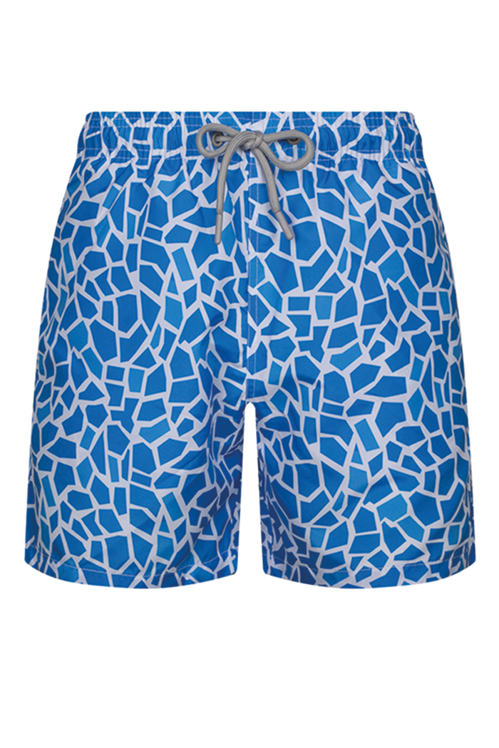 Mavi Beyaz Mozaik Desenli Şort Mayo