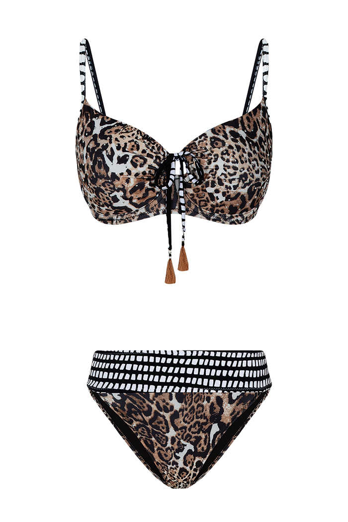 Kahve Leopar Desenli Büzgülü Balenli Bikini Takımı