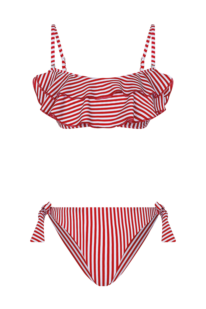 Volanlı Straplez Kırmızı Bikini Takımı