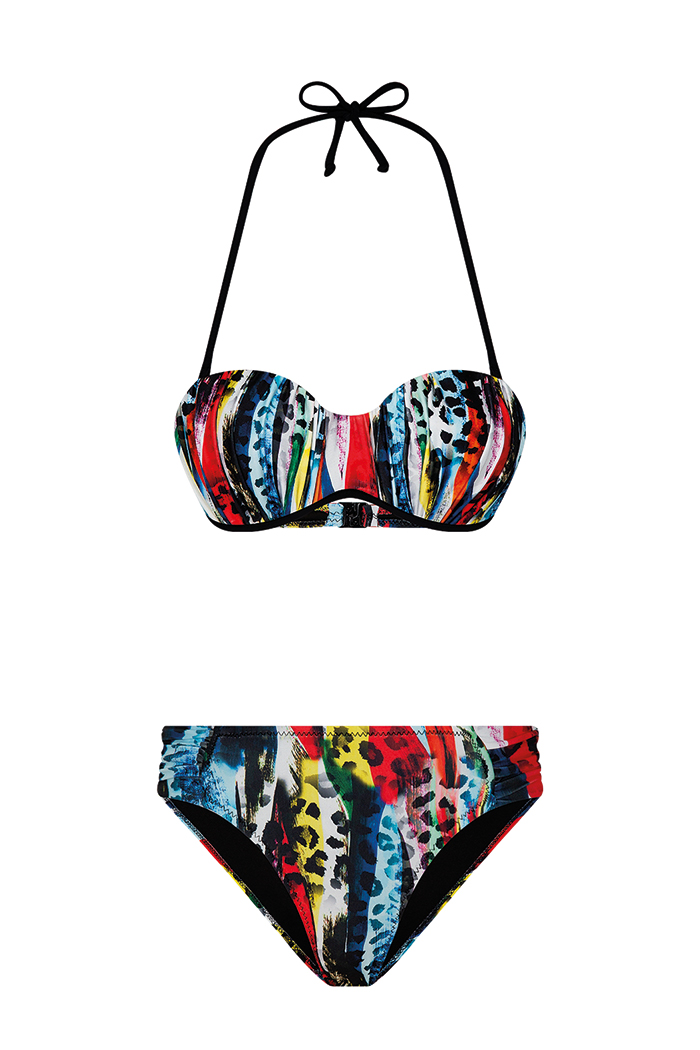 Mavi Kırmızı Leopar Desenli Straplez Bikini Takımı