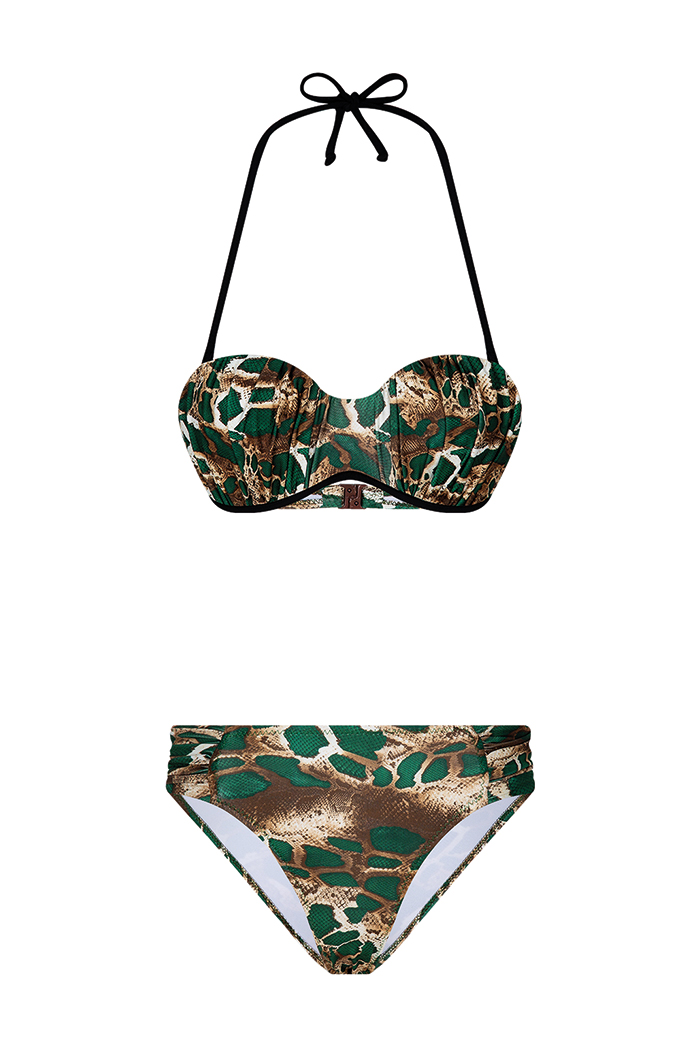 Yeşil Kahve Yılan Desenli Straplez Bikini Takımı