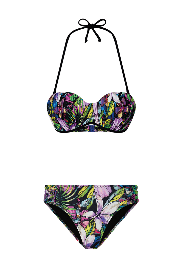 Renkli Zambak Desenli Straplez Bikini Takımı