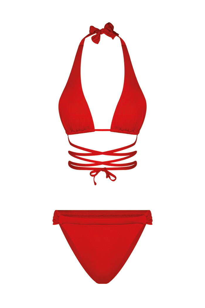 Üçgen Bağlamalı Büzgü Detaylı Kırmızı Bikini Takımı