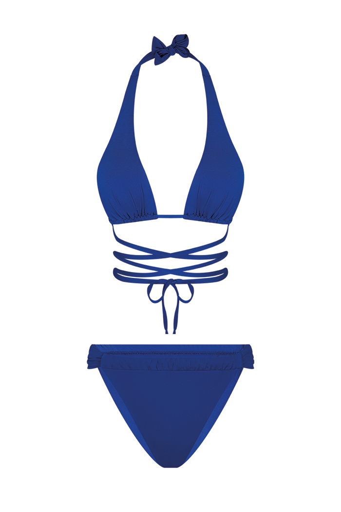 Üçgen Bağlamalı Büzgü Detaylı Saks Bikini Takımı