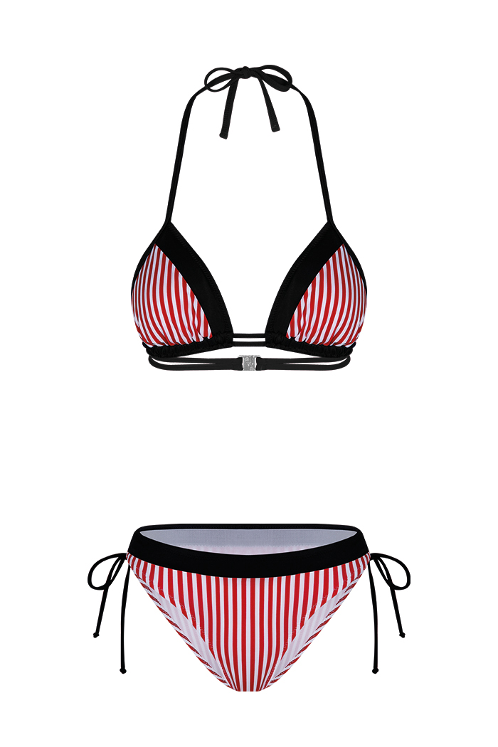 Üçgen Siyah Beyaz Çizgili Bikini Takımı