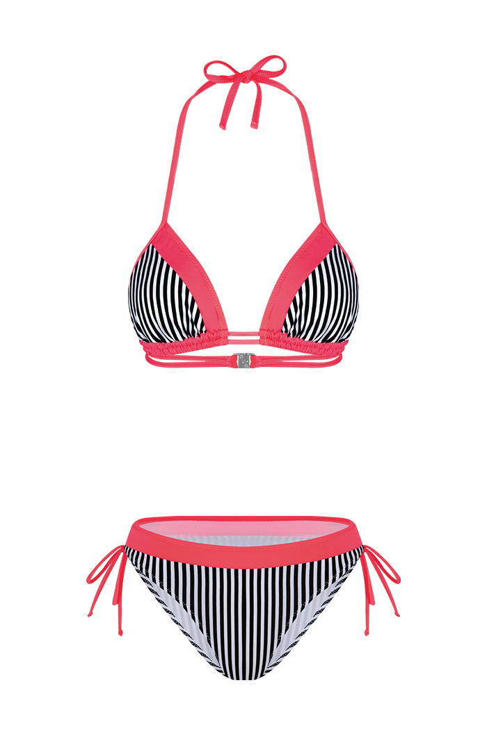 Üçgen Neon Pembe Çizgili Bikini Takımı
