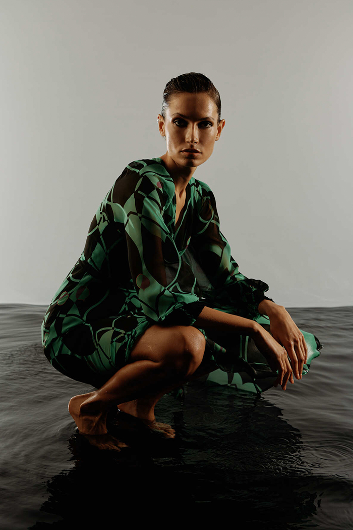 Eva Yeşil Baskılı Midi Elbise