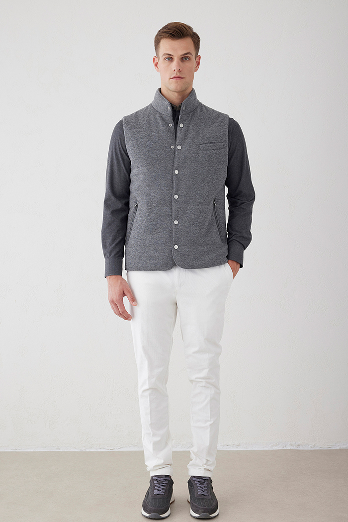 Gri Renk Çift Taraflı Giyilebilen Yün Karışımlı Yelek