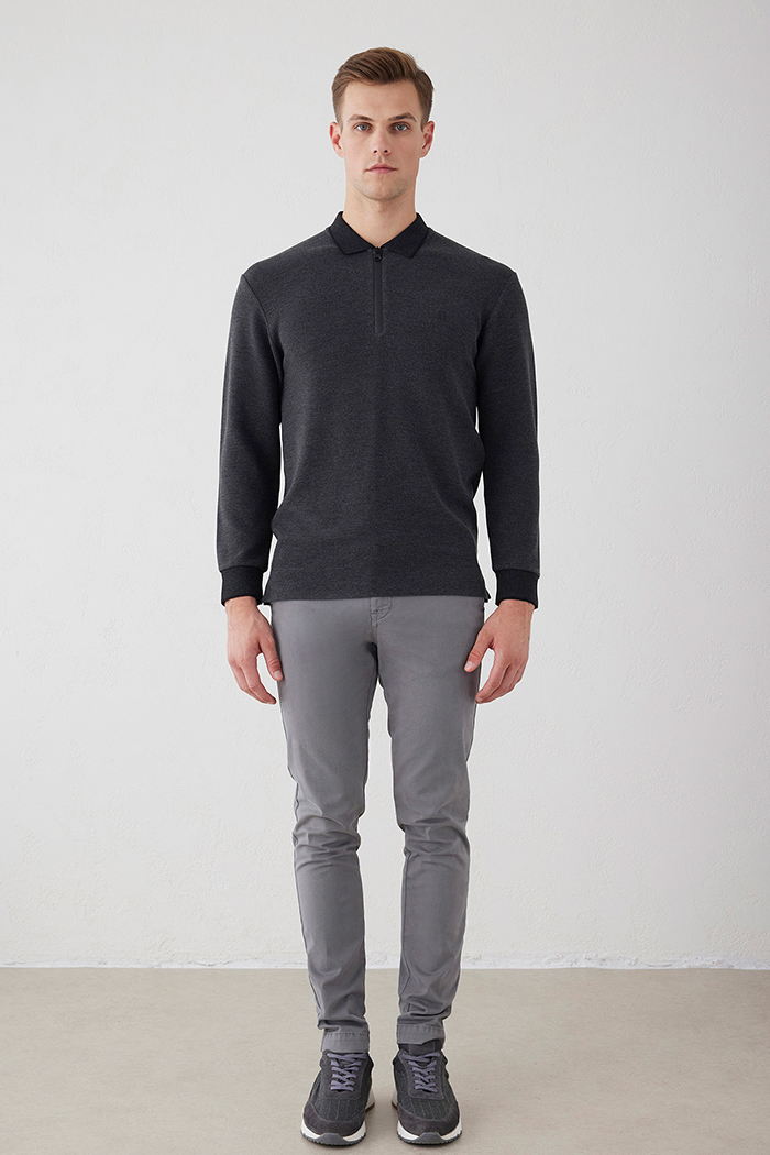 Antrasit Renk Triko Polo Yaka Örme Sweat