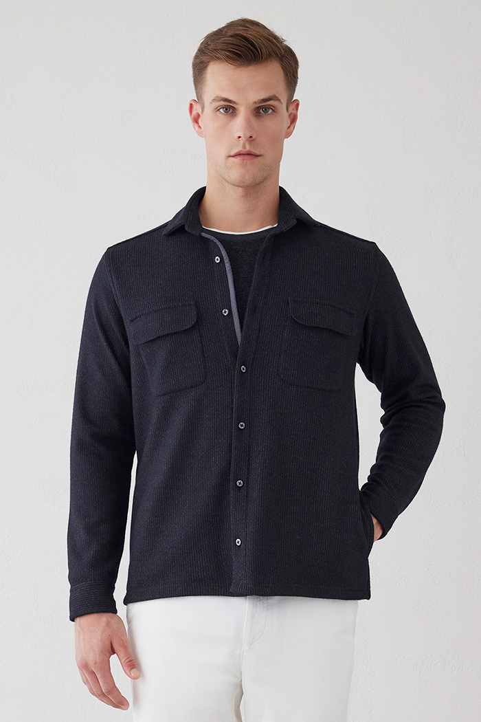 Antrasit Renk Çizgi Desenli Yün Karışımlı Gömlek