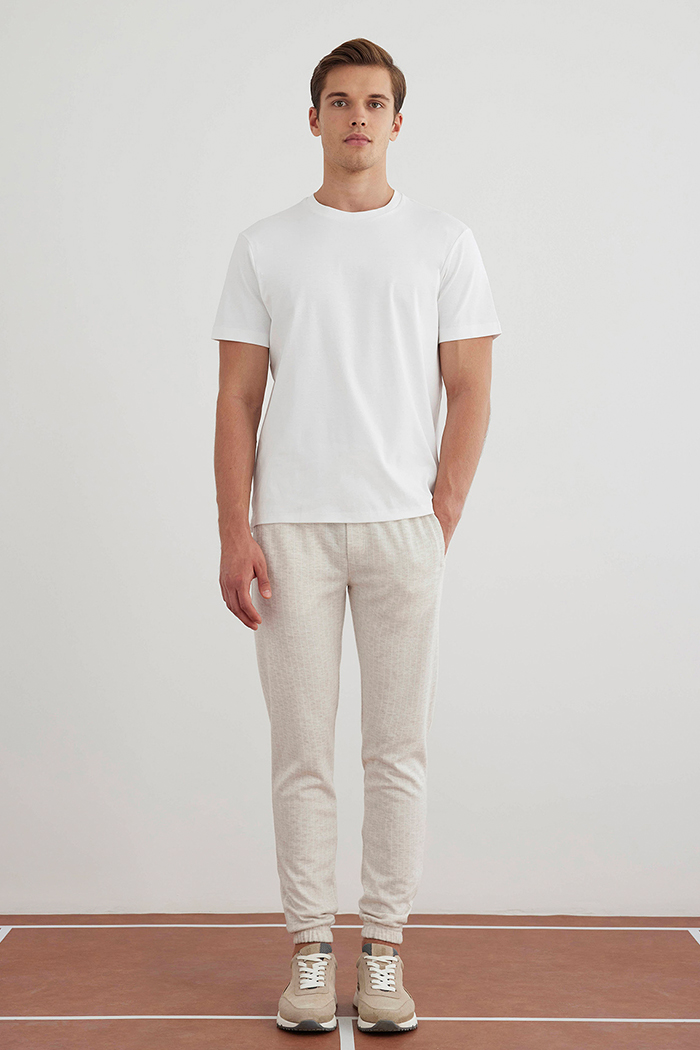 Bej Renk Çizgili Örme Kumaşdan Beli Lastikli Jogger